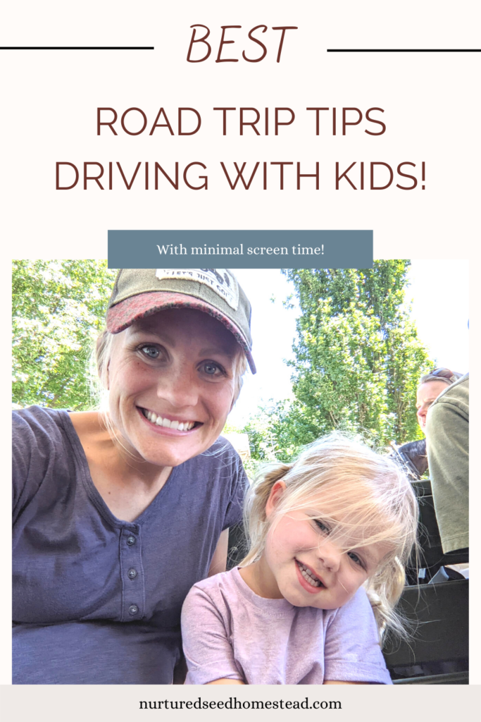 pinterest post of mom and two year old, smiling on their road trip wearing a blue shirt and purple shirt