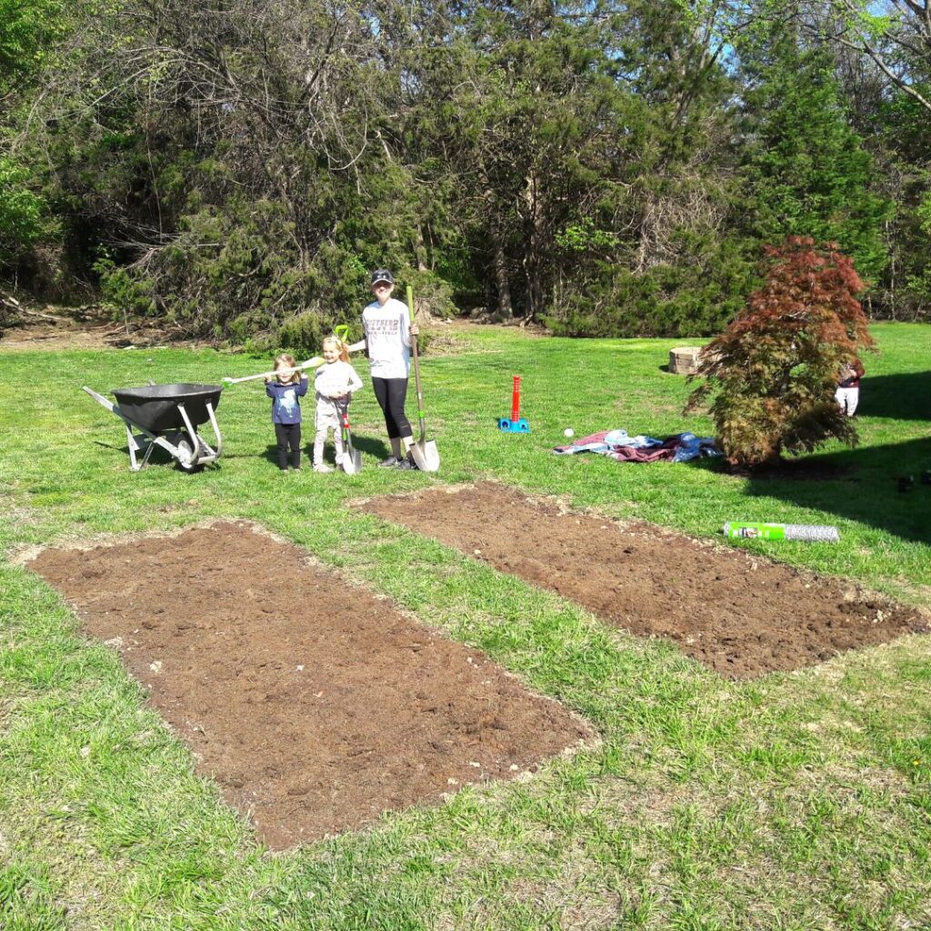 two garden plots that are dug out by a mom and her kids in the