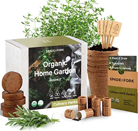 organic home garden herb growing kit with seeds and pots.